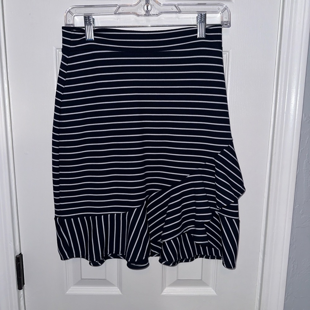 Popular Basics Black and White Striped Ruffle Hem Mini Skirt
